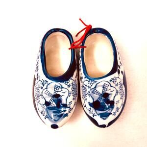 Porcelain Hand-Painted  Miniature Clog Pair Shoes Dutch Windmill Blue 3' Long